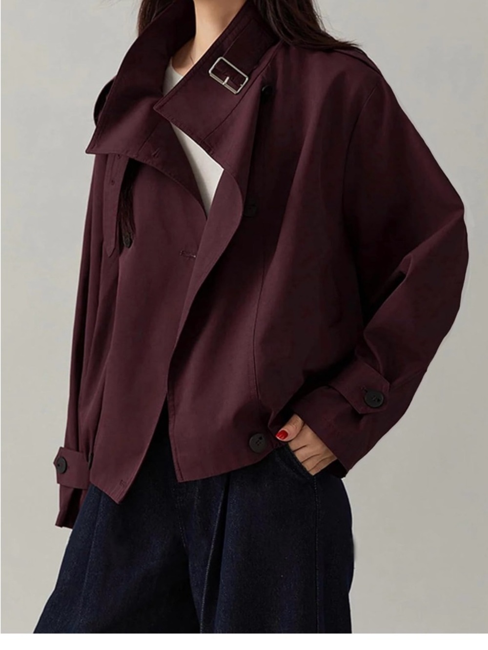 Women's Cropped Trench Jacket - Burgundy